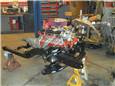 350 Engine and Super T-10 transmission mounted on subframe waiting for installation